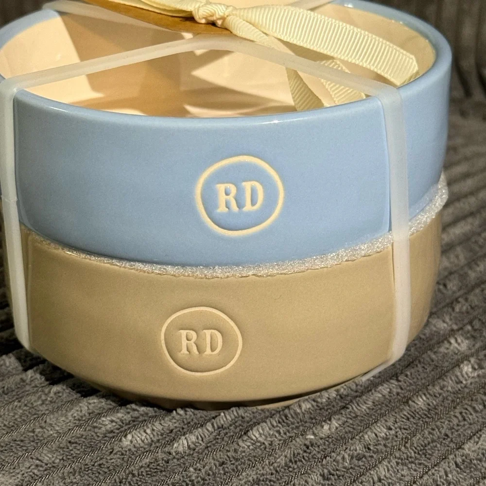 Rae Dunn Blue & Tan Pet DRINK / EAT Ceramic Bowls - Set of 2- NWT